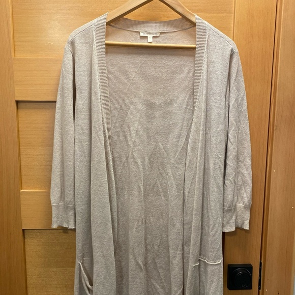 Eileen Fisher Sweater L Cardigan Longline Open‎ Beige 3/4 Sleeve Linen - Picture 1 of 7